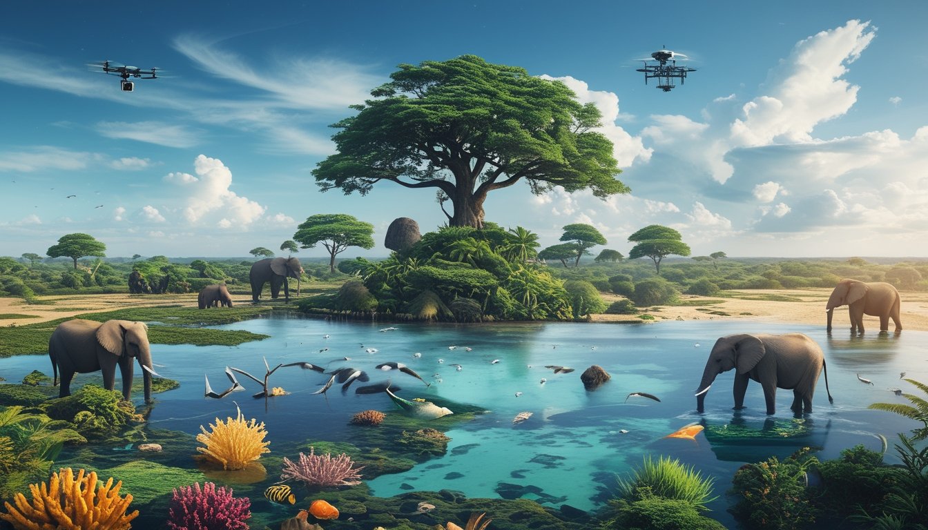 Pemandangan alam yang beragam dengan hutan hujan tropis, terumbu karang, dan savana yang dihuni berbagai satwa, menunjukkan keanekaragaman hayati dan perubahan iklim.