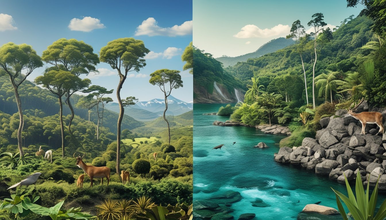 Pemandangan alam yang menunjukkan bagian hutan yang rusak dan tercemar di satu sisi, serta hutan yang hijau dan hewan-hewan yang hidup di sisi lainnya.
