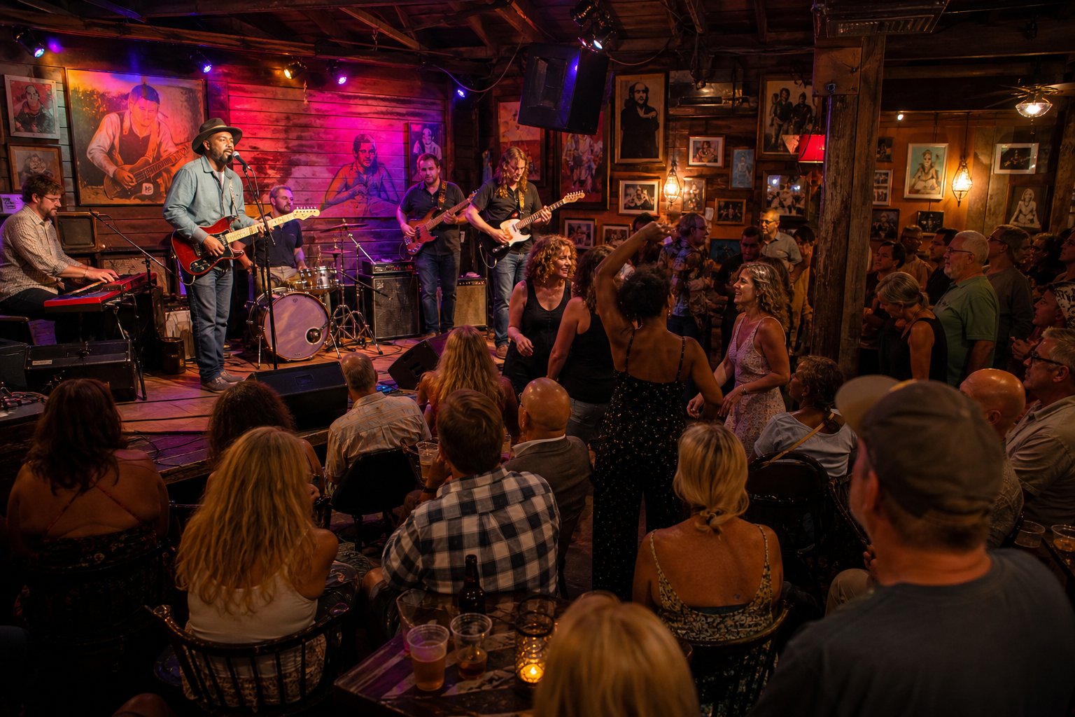 People enjoying live music inside a local venue with musicians performing on stage and an engaged audience.