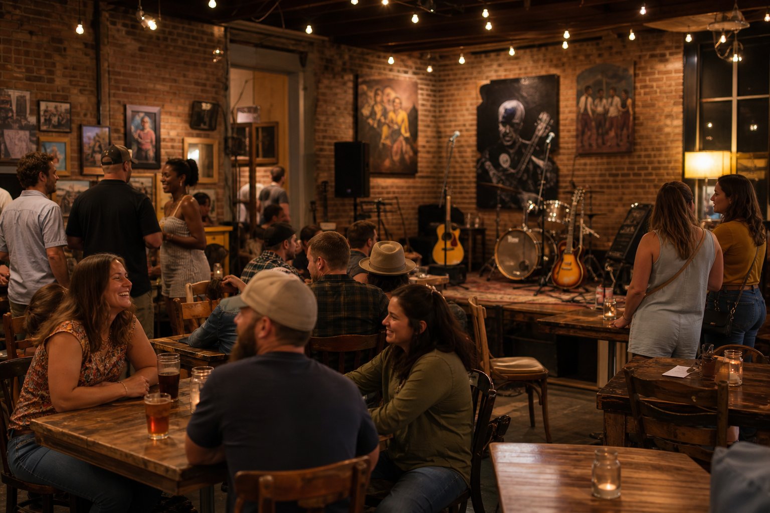 Inside a cozy music venue in Oxford, Mississippi, people gather around tables and near a small stage with musical instruments, enjoying a lively community atmosphere.