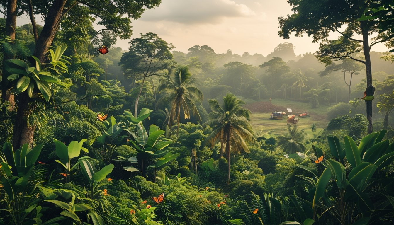 Hutan tropis Indonesia yang rimbun dengan berbagai satwa dan tumbuhan, di latar belakang terlihat area yang mengalami penebangan pohon modern.