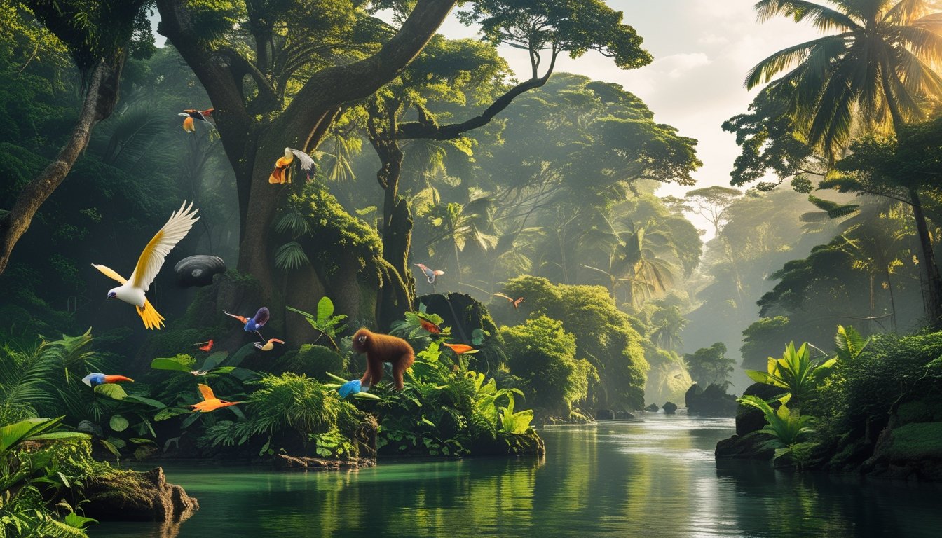 Pemandangan hutan tropis Indonesia dengan berbagai jenis tumbuhan dan hewan, serta tanda-tanda deforestasi di latar belakang.