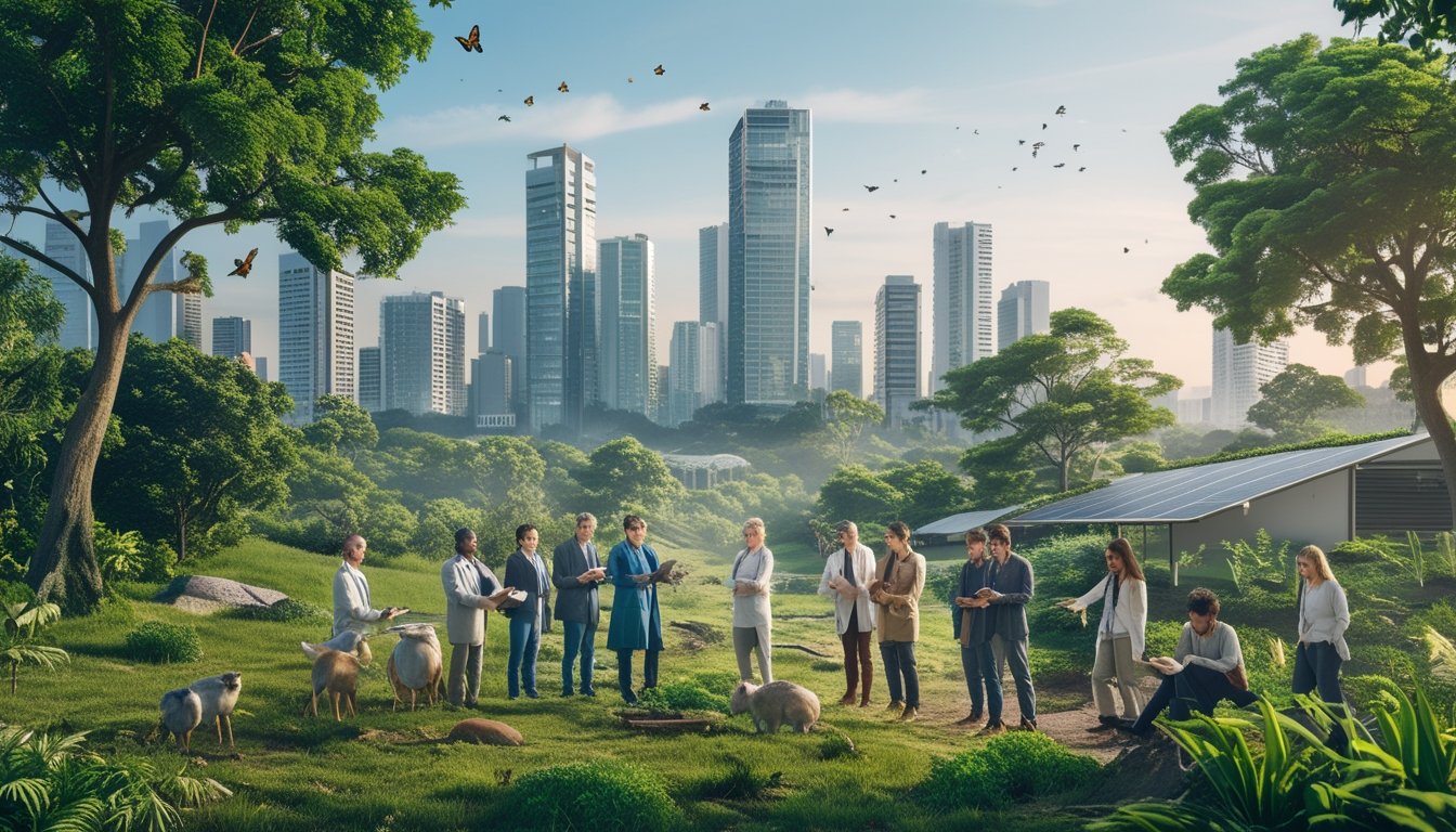 Pemandangan hutan hijau yang bersebelahan dengan kota modern berkelanjutan, dengan para ilmuwan dan ahli lingkungan sedang menanam pohon dan memantau satwa liar.