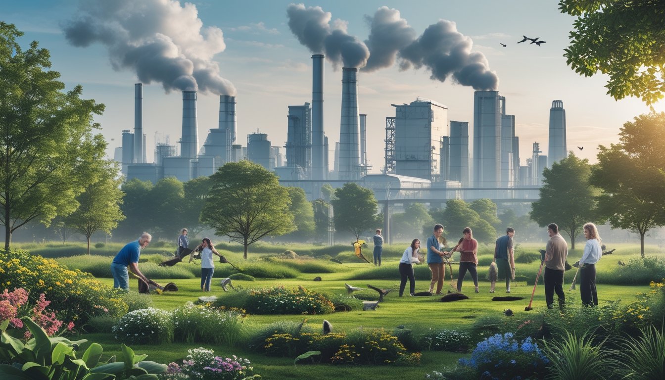 Pemandangan kota modern dengan taman hijau yang penuh tanaman dan hewan, serta orang-orang yang sedang menanam pohon dan merawat lingkungan.