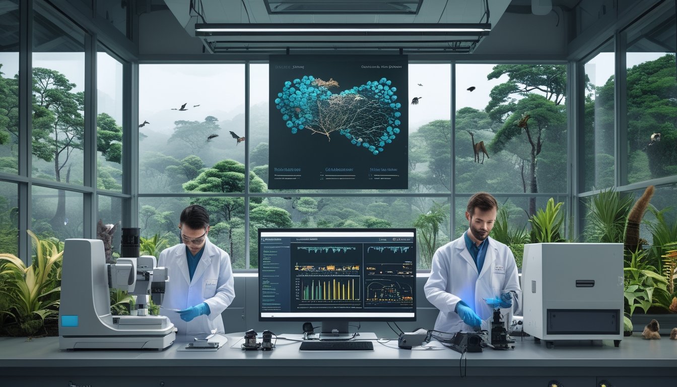Para ilmuwan bekerja di laboratorium modern dengan peralatan genomik dan layar AI, di latar belakang tampak hutan hijau melalui jendela besar.
