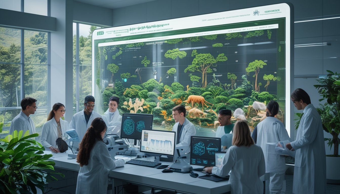 Laboratorium penelitian biodiversitas dengan ilmuwan yang menggunakan teknologi genomik dan kecerdasan buatan untuk konservasi alam.