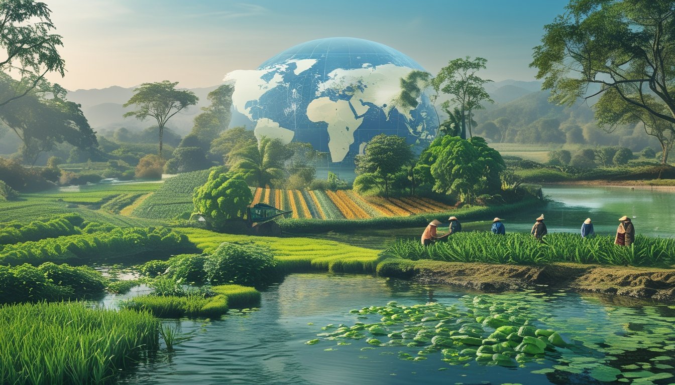 Pemandangan alam yang beragam dengan hutan, ladang pertanian, dan perairan yang menunjukkan keseimbangan ekosistem dan ketahanan pangan global.
