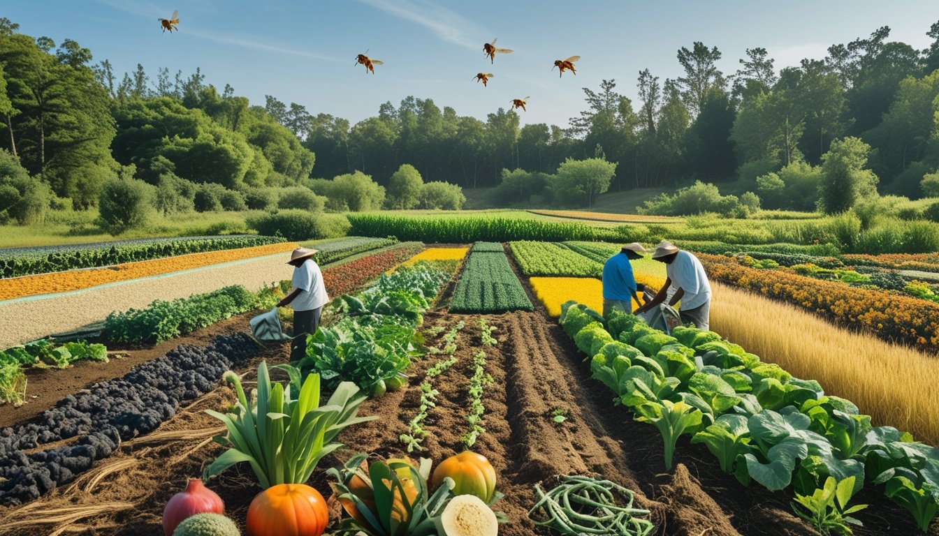 Ladang pertanian yang beragam dengan tanaman dan petani yang bekerja, dikelilingi oleh satwa liar dan sumber air, menggambarkan hubungan antara keanekaragaman hayati dan produksi pangan.