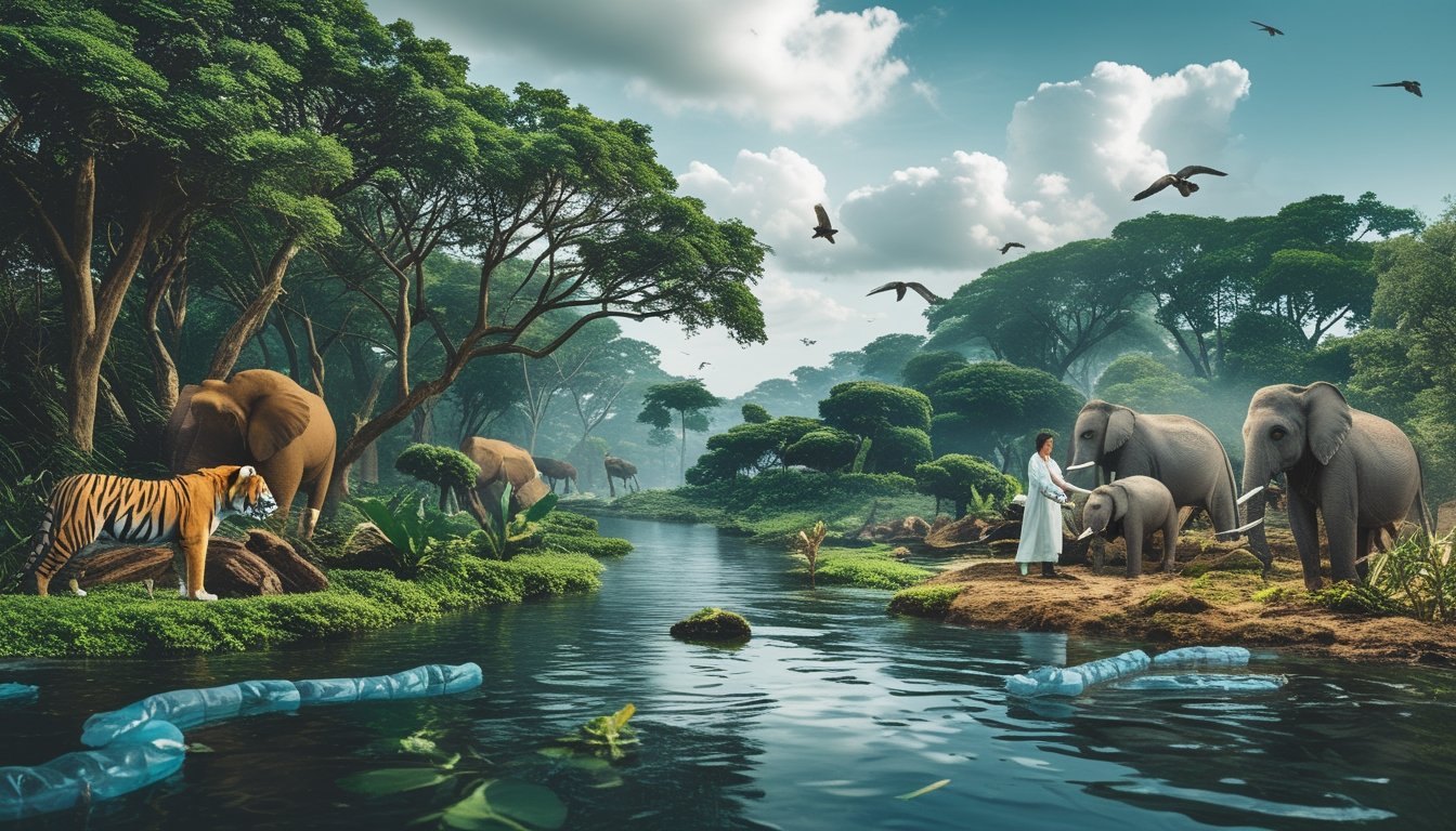 Pemandangan hutan dengan hewan yang terancam punah di satu sisi dan aktivitas manusia seperti penebangan pohon, polusi, serta upaya pelestarian oleh ilmuwan di sisi lain.