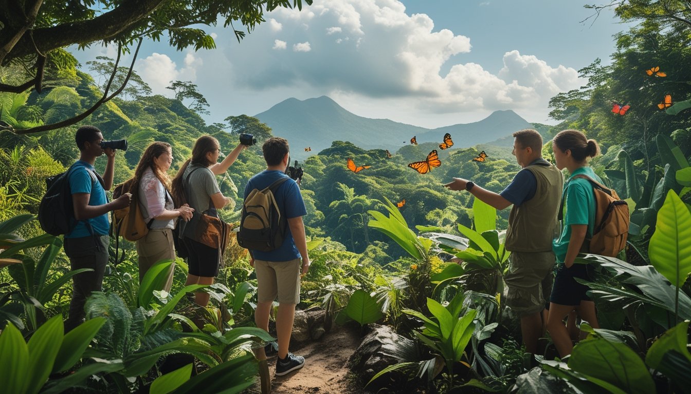 Sekelompok wisatawan ekowisata menjelajahi hutan hujan tropis yang lebat dengan berbagai tanaman dan satwa liar, dipandu oleh pemandu lokal di tengah perubahan iklim.