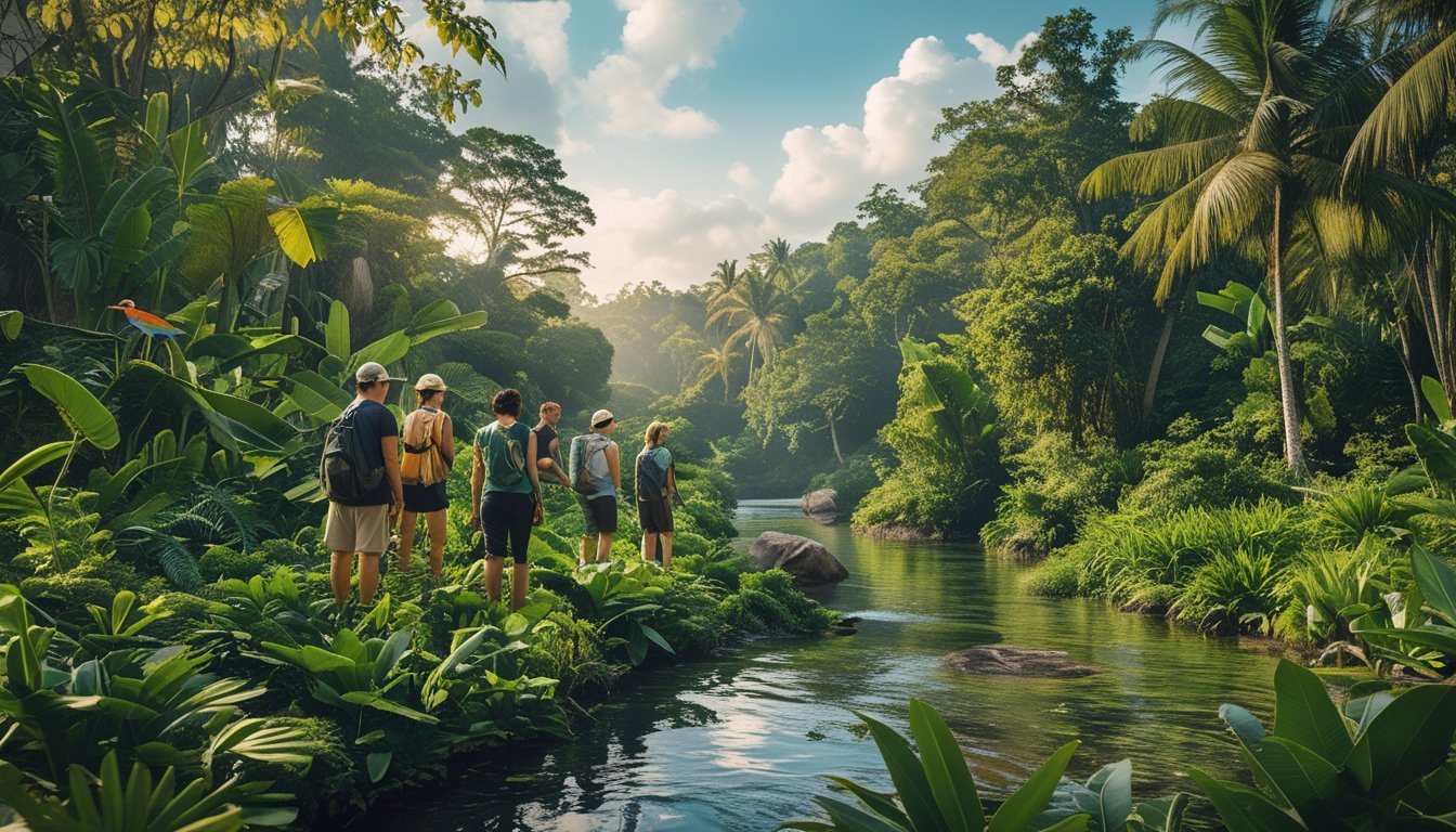 Sekelompok wisatawan ekowisata menjelajahi hutan tropis yang rimbun dengan berbagai tanaman dan hewan di habitat aslinya, di dekat sungai yang mengalir tenang.