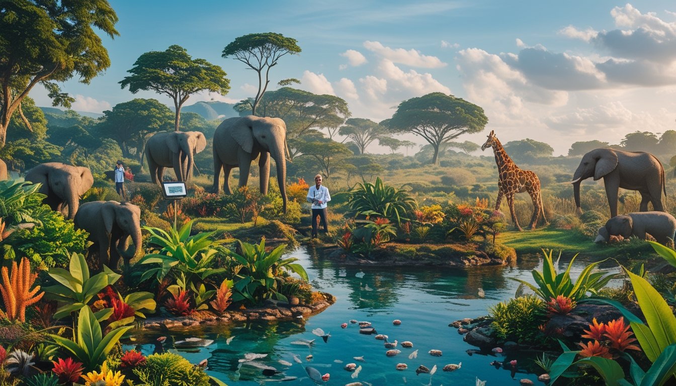 Pemandangan alam yang kaya dengan berbagai tumbuhan dan hewan, termasuk hutan hujan tropis, terumbu karang, dan padang savana dengan para ilmuwan yang mengamati keanekaragaman hayati menggunakan teknologi.