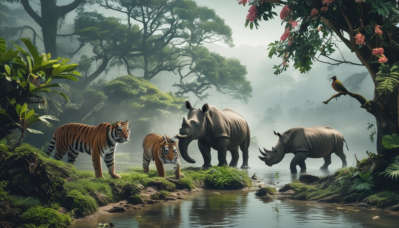 Beberapa hewan langka yang hampir punah di habitat aslinya, termasuk harimau Sumatra, badak Jawa, dan burung langka di hutan tropis.