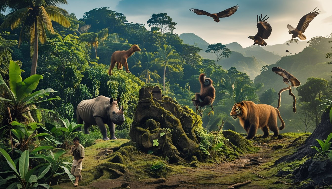 Sepuluh spesies langka dan dilindungi di Indonesia terlihat di habitat aslinya, termasuk badak jawa, burung jalak bali, harimau sumatera, komodo, orangutan, anoa, babirusa, burung maleo, jalak sayap hitam, dan elang jawa di berbagai ekosistem alam seperti hutan hujan, rawa, dan pegunungan.
