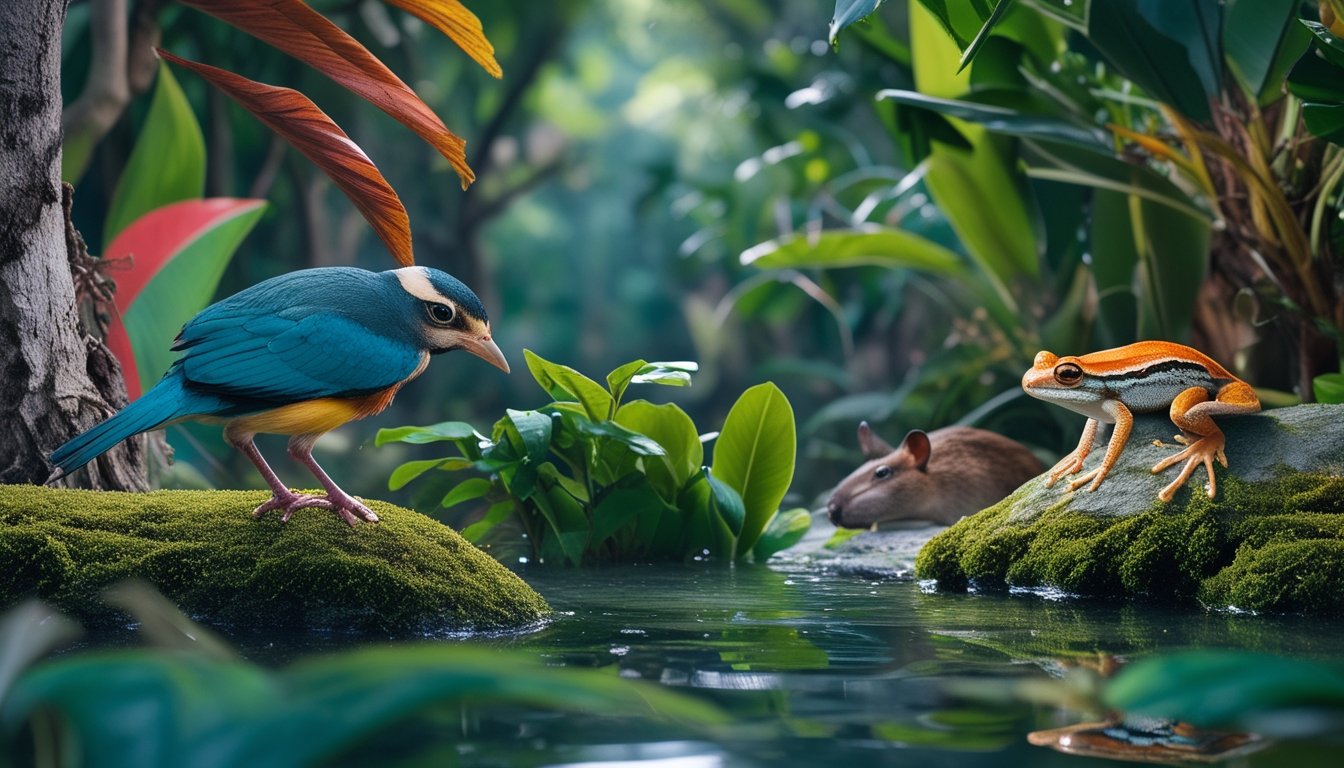 Berbagai spesies langka terlihat di habitat alami mereka, termasuk burung langka di cabang pohon, mamalia kecil di antara dedaunan, dan amfibi berwarna di batu dekat sungai.