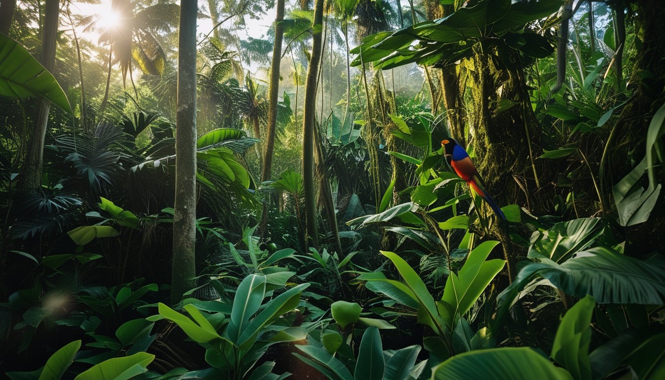 Seekor spesies langka terlihat di hutan hujan tropis yang rimbun dengan tanaman hijau dan cahaya matahari alami.