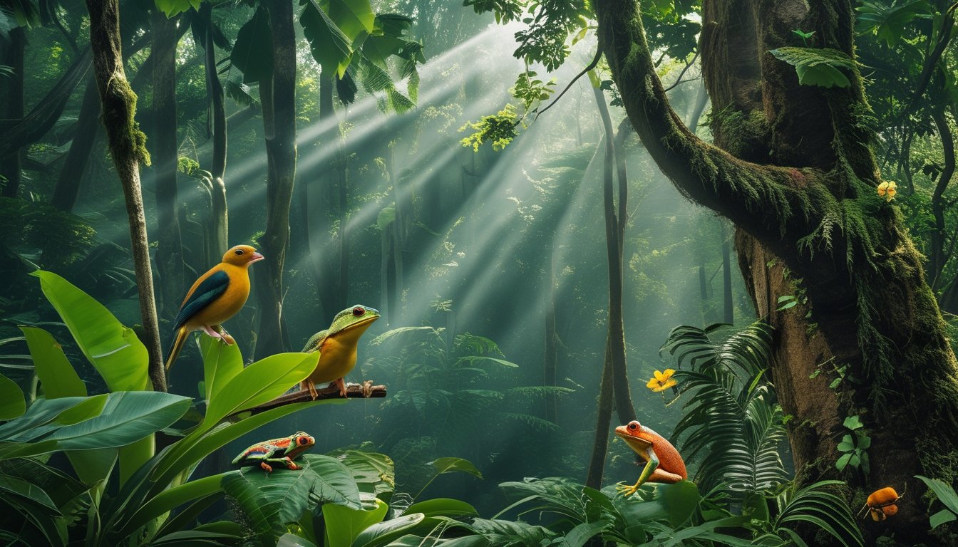 Pemandangan hutan hujan tropis yang lebat dengan berbagai spesies langka seperti burung, katak berwarna-warni, dan serangga di atas dedaunan dan batang pohon.