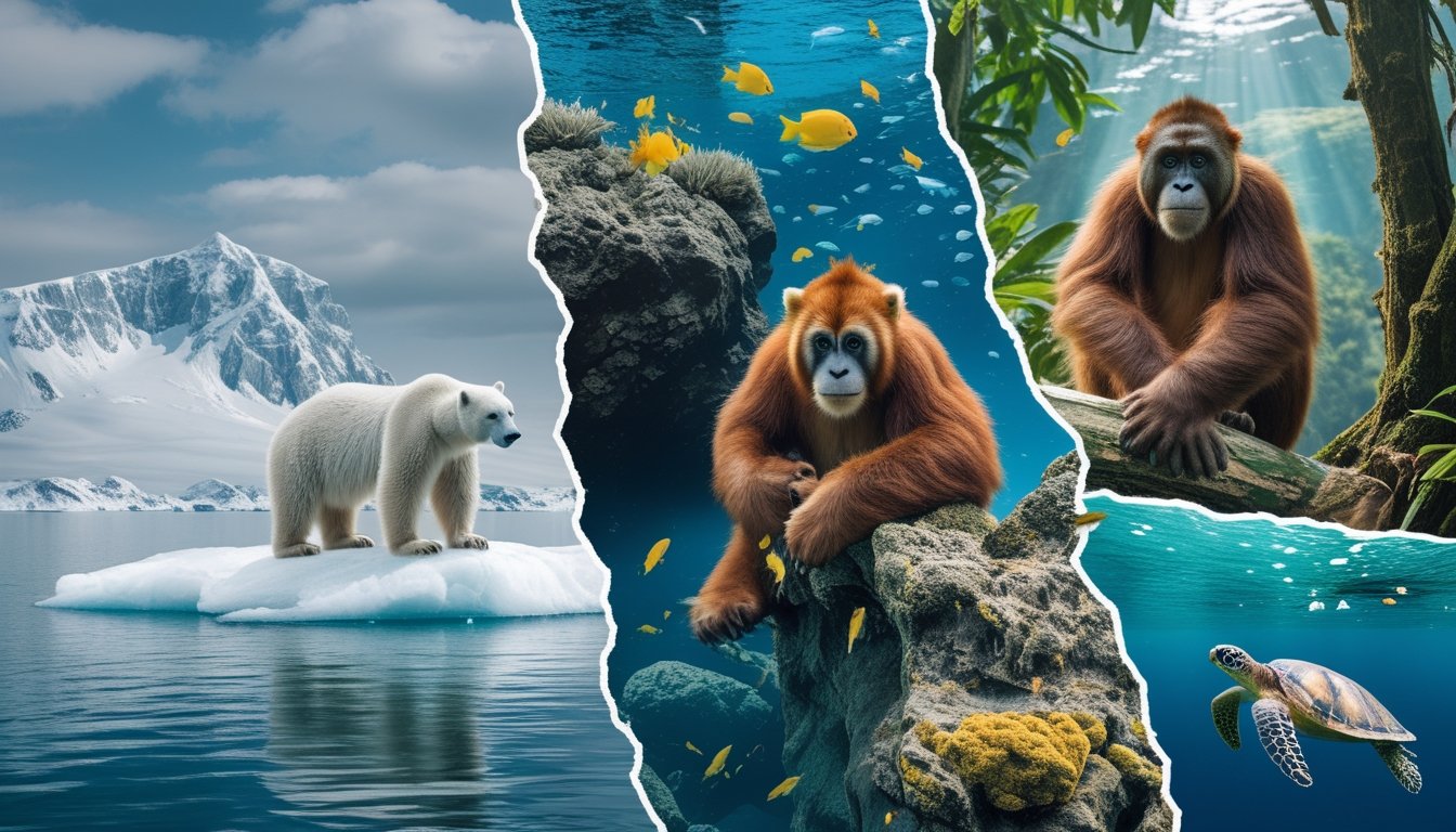 Berbagai hewan langka dan terancam punah seperti beruang kutub, macan tutul salju, terumbu karang, orangutan, dan penyu laut di habitat alami mereka yang terancam perubahan iklim.