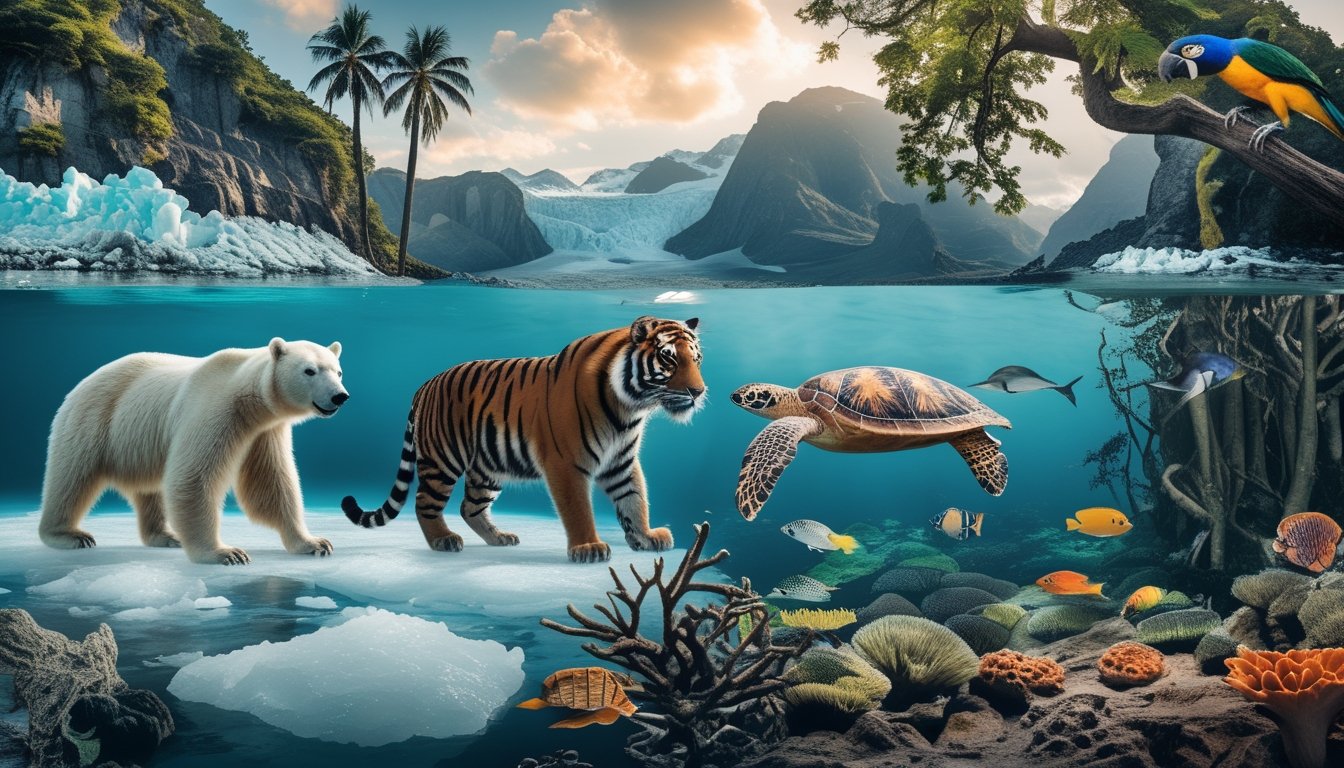 Berbagai hewan langka yang terancam oleh perubahan iklim di habitat alami mereka dengan latar lingkungan yang menunjukkan dampak perubahan iklim seperti es yang mencair dan hutan yang menyusut.