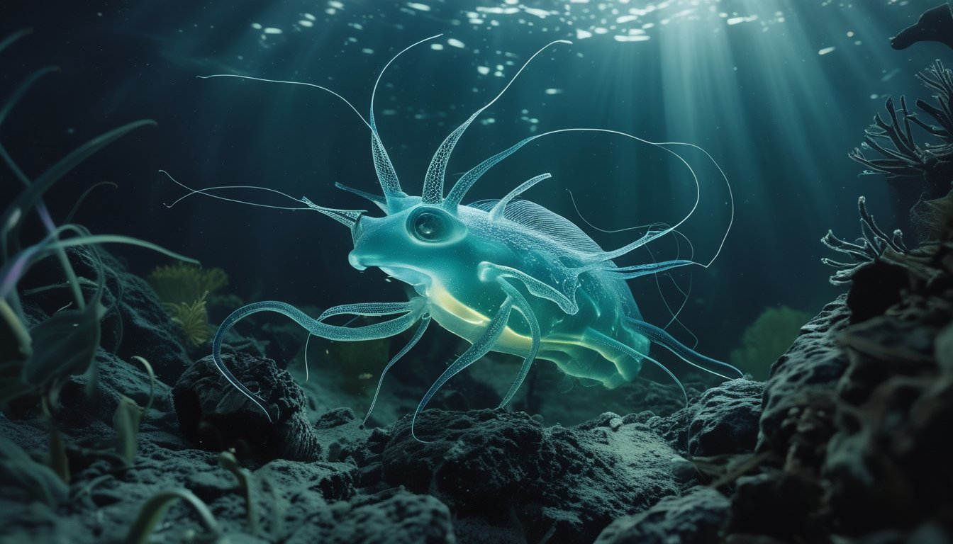 Makhluk laut dalam langka yang baru ditemukan dengan kulit tembus cahaya dan cahaya bioluminesen di perairan gelap.