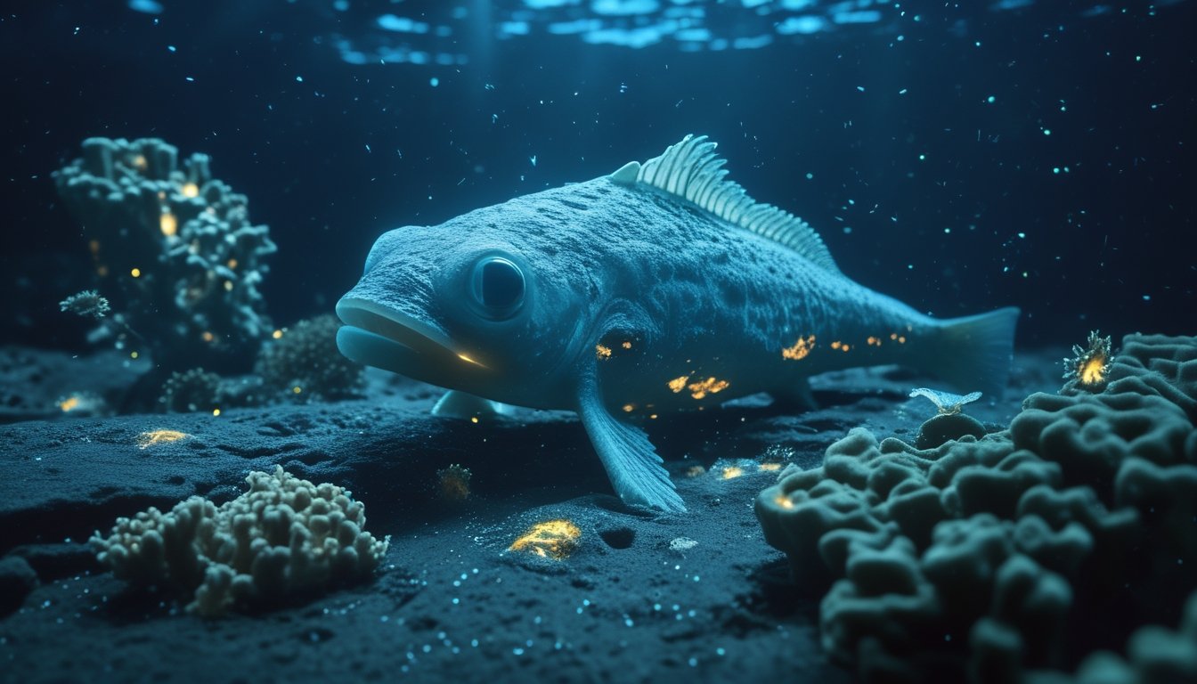 Seekor spesies langka yang bersinar di laut dalam dengan latar belakang gelap dan batu karang.