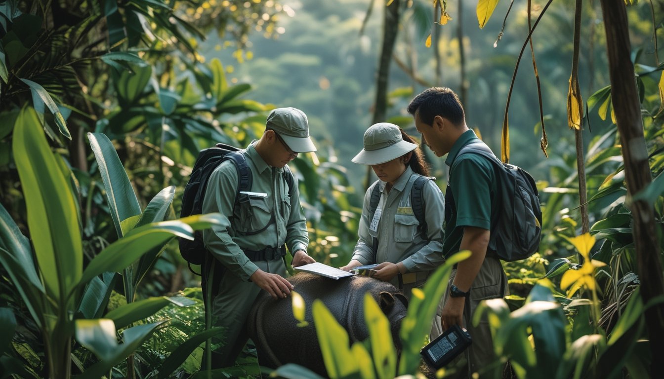 Seorang konservasionis dan pejabat pemerintah sedang mengamati hewan langka di hutan tropis Indonesia.