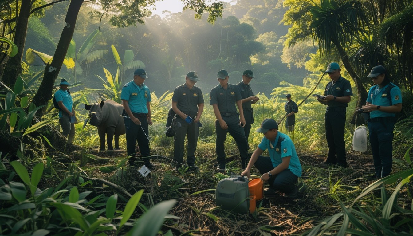 Kelompok konservasionis dan pejabat pemerintah bekerja sama di hutan tropis Indonesia untuk melestarikan spesies langka dengan peralatan pemantauan.