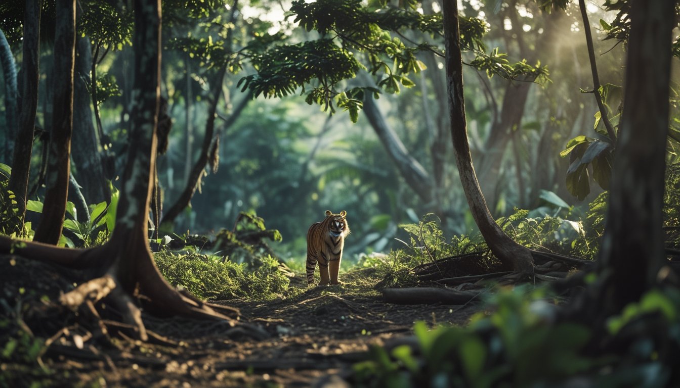 Seekor hewan langka yang hampir punah di hutan tropis yang terancam oleh perburuan liar dan deforestasi.
