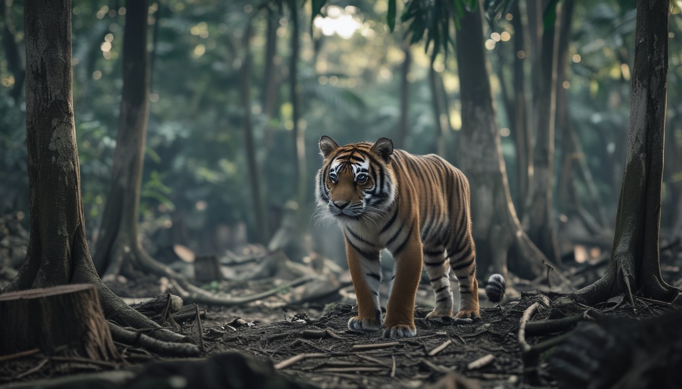 Seekor satwa langka yang hampir punah terlihat di hutan yang sebagian sudah ditebang dan rusak.