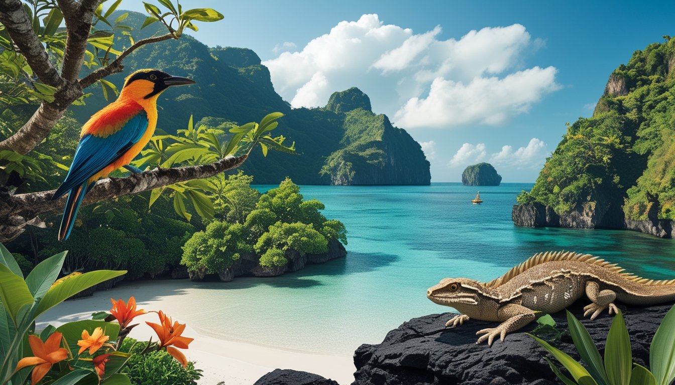Pemandangan pulau tropis di Indonesia dengan hutan hijau, burung berwarna-warni, komodo di batu, dan pantai berpasir putih.