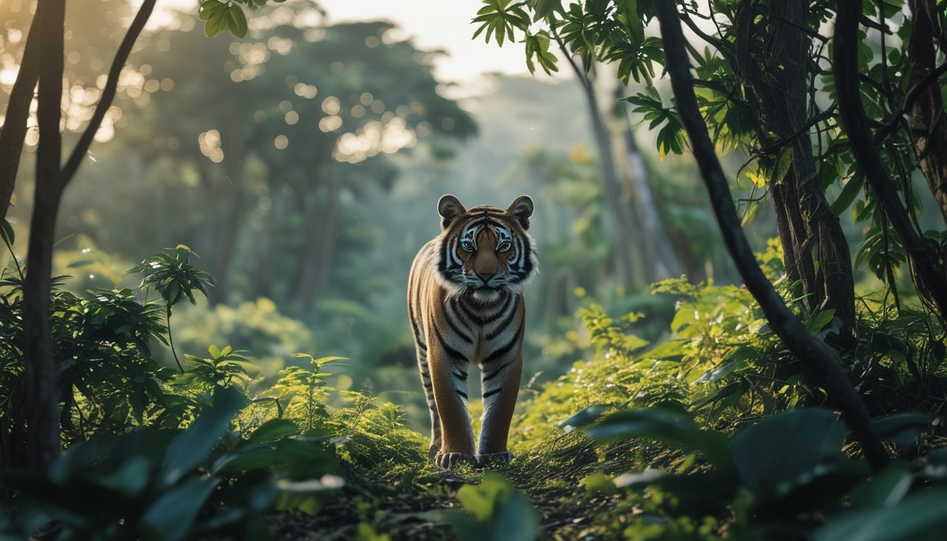 Seekor hewan langka di hutan yang rimbun dengan cahaya matahari yang lembut menembus pepohonan.