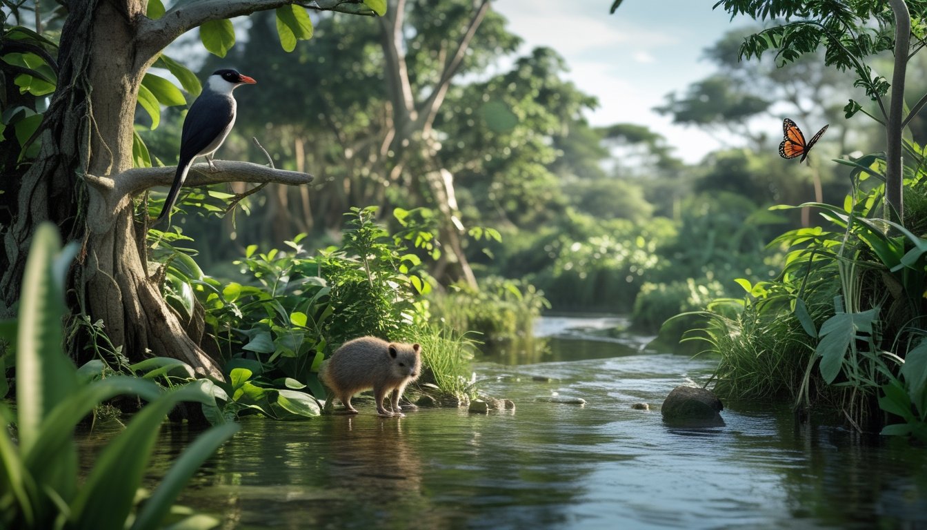 Pemandangan hutan yang subur dengan sungai jernih dan berbagai spesies langka seperti burung, mamalia kecil, dan kupu-kupu yang hidup berdampingan dalam ekosistem yang seimbang.