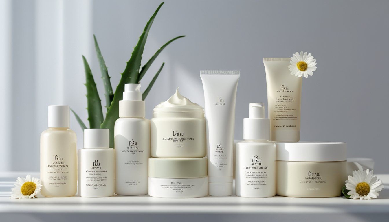 Berbagai produk pelembab terbaru untuk kulit kering dan sensitif yang ditata rapi dengan daun aloe vera dan bunga kamomil di atas permukaan putih.