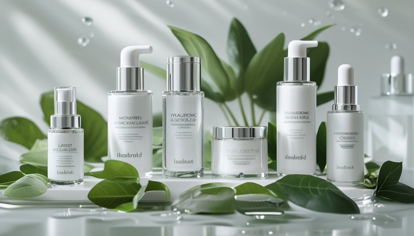 Beberapa produk pelembab terbaru dengan botol dan jar modern diletakkan di permukaan putih dengan daun hijau dan tetesan air di sekitarnya.
