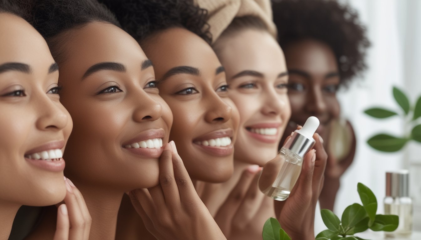 Beberapa wanita tersenyum dengan kulit bercahaya sedang mengaplikasikan pelembab pada wajah mereka di meja rias putih dengan botol serum dan daun hijau di latar belakang.
