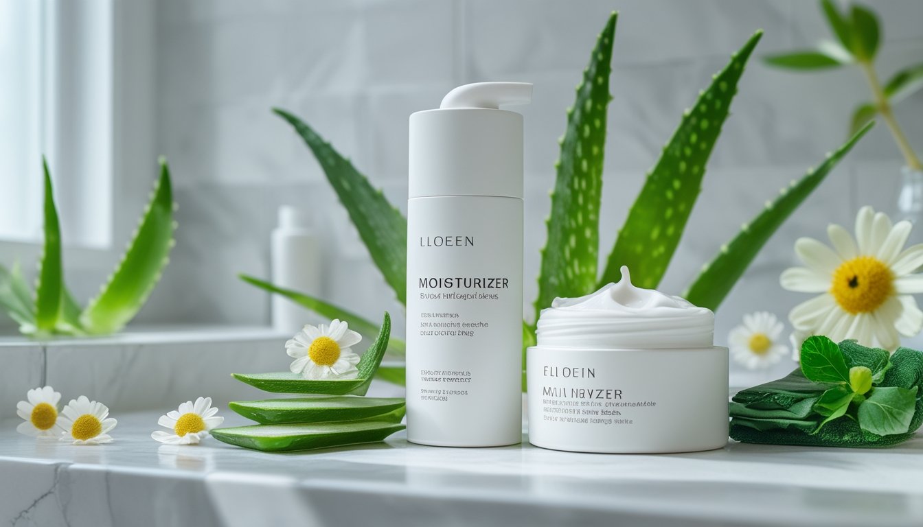 Botol dan jar pelembab terbaru diletakkan di atas meja kamar mandi dengan daun aloe vera dan bunga chamomile di sekitarnya.