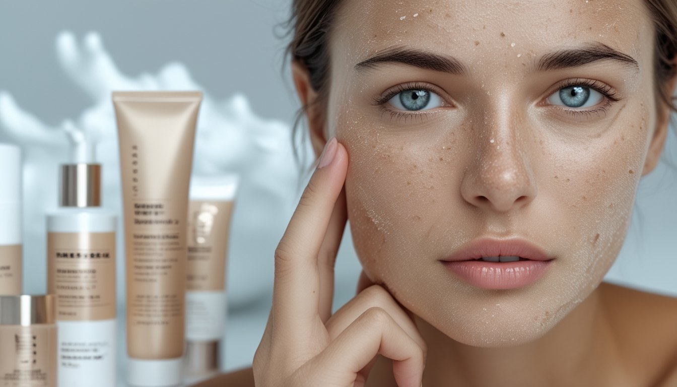 Seorang wanita dengan kulit wajah sangat kering sedang menyentuh pipinya, di sampingnya terdapat beberapa produk pelembab kulit.