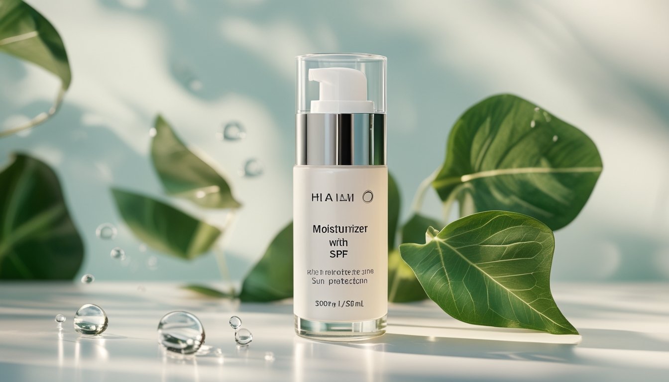 Botol pelembab dengan SPF diletakkan di atas permukaan putih dengan daun hijau dan tetesan air di sekitarnya.