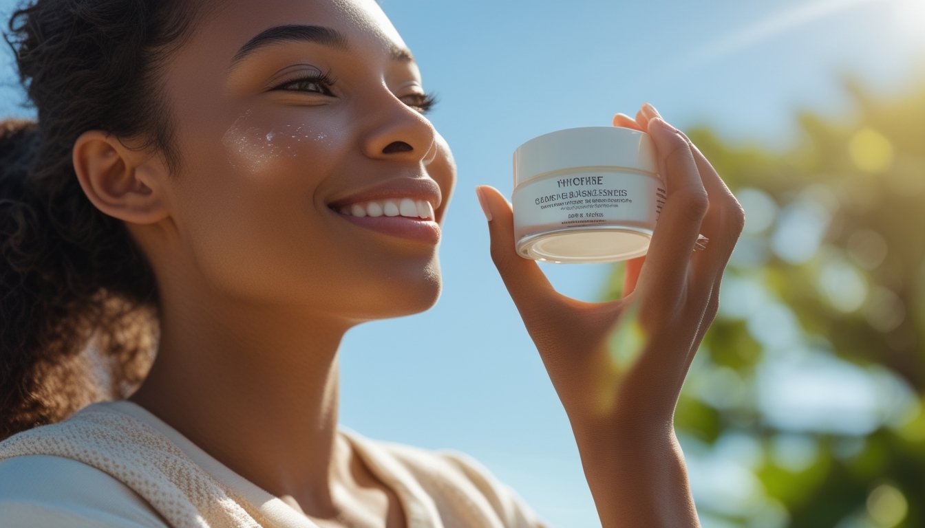 Seorang wanita muda tersenyum sedang mengaplikasikan pelembab dengan SPF ke wajahnya di luar ruangan dengan latar langit biru dan tanaman hijau.
