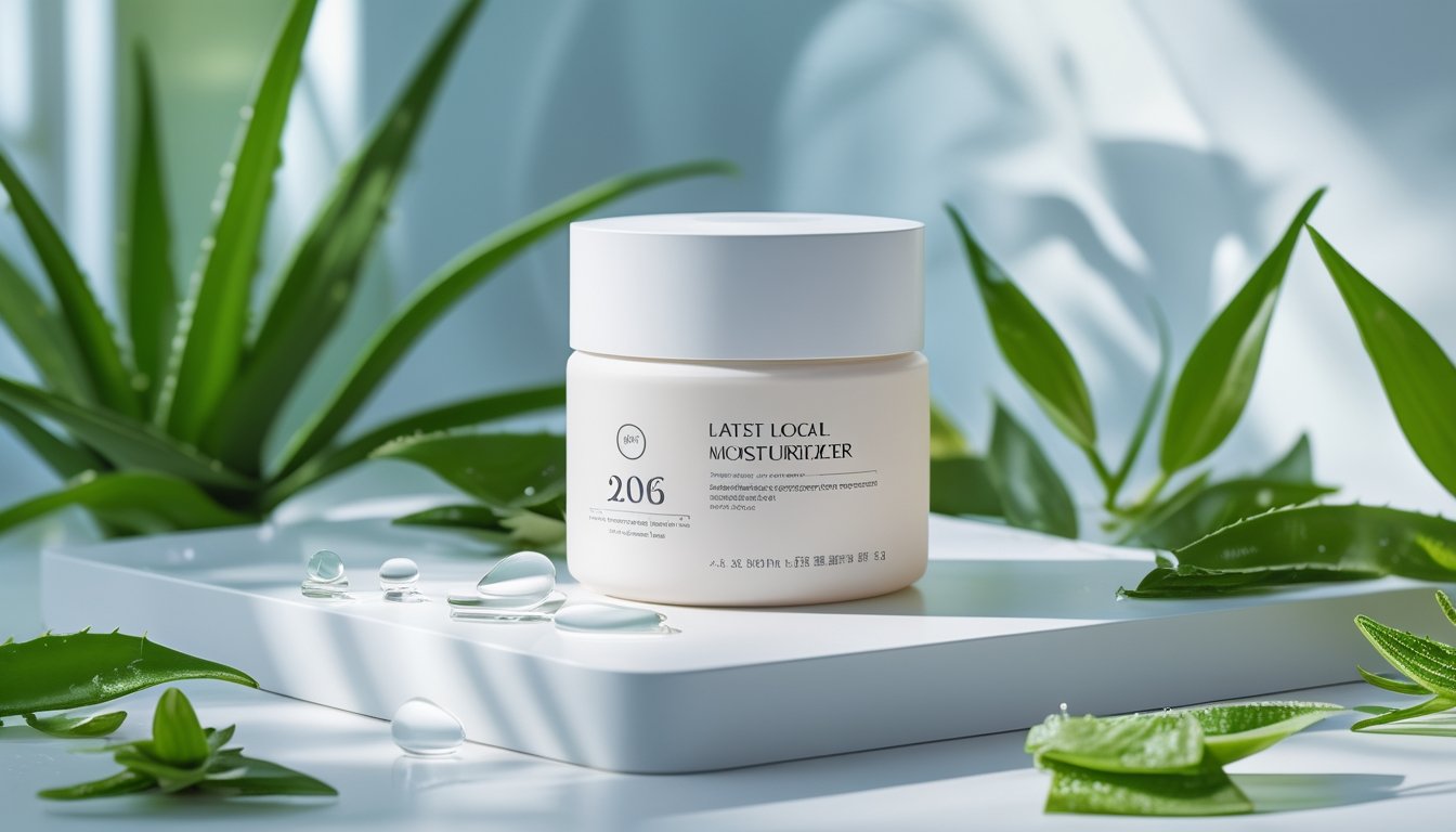 Produk pelembab lokal terbaru tahun 2026 diletakkan di atas permukaan putih dengan daun aloe vera dan tetesan air di sekitarnya.