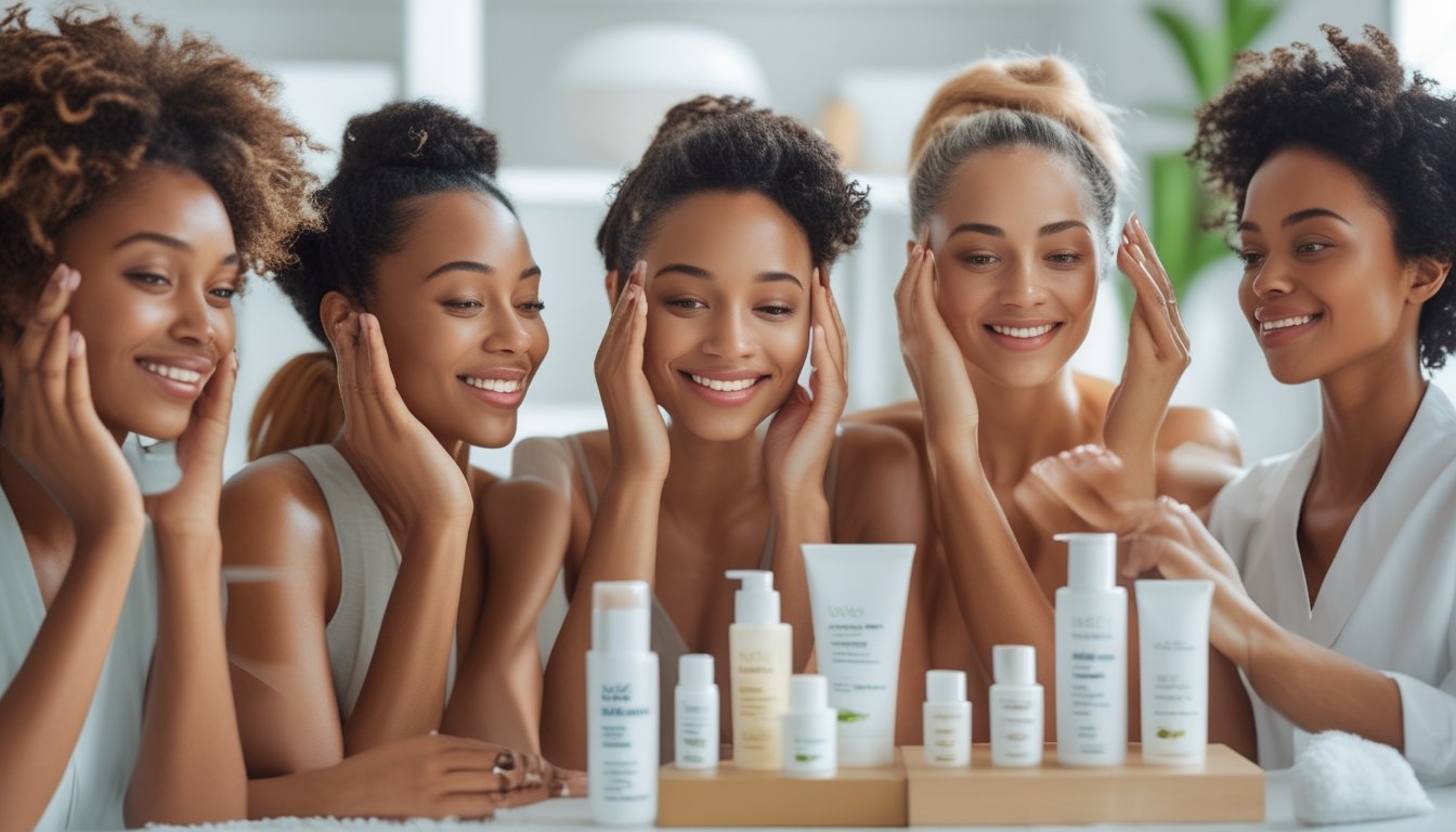 Beberapa wanita dengan jenis kulit berbeda sedang mengaplikasikan pelembab di wajah mereka di ruangan perawatan kulit yang terang dan modern.