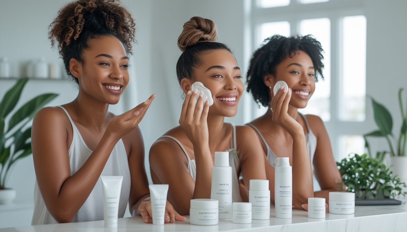 Tiga wanita dengan jenis kulit berbeda sedang mengaplikasikan pelembab di kamar mandi yang terang dan modern.