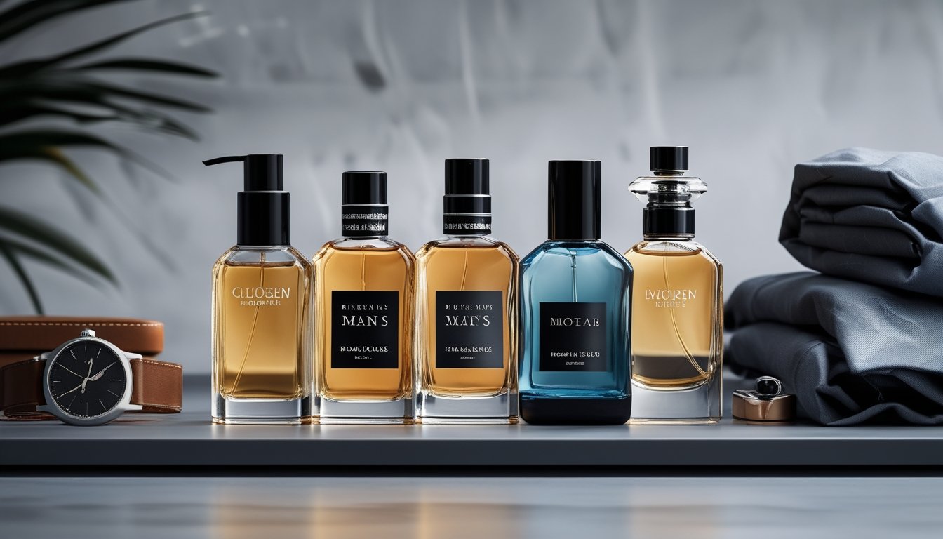 Beberapa botol parfum pria berkualitas tinggi diletakkan rapi di atas meja dengan latar belakang minimalis dan beberapa aksesori pria di sekitarnya.