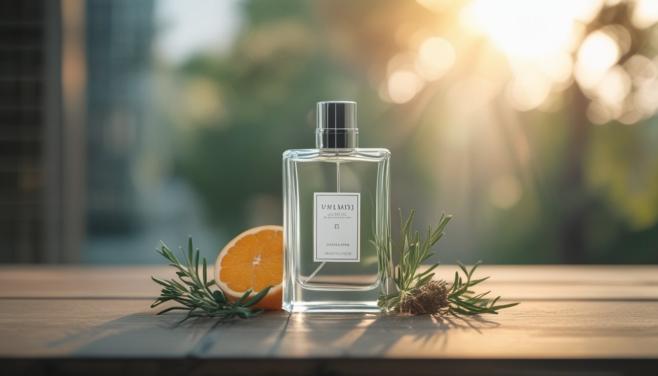 Botol parfum pria elegan di atas meja kayu dengan latar belakang cahaya alami dan elemen aroma seperti buah sitrus dan herbal di sekitarnya.