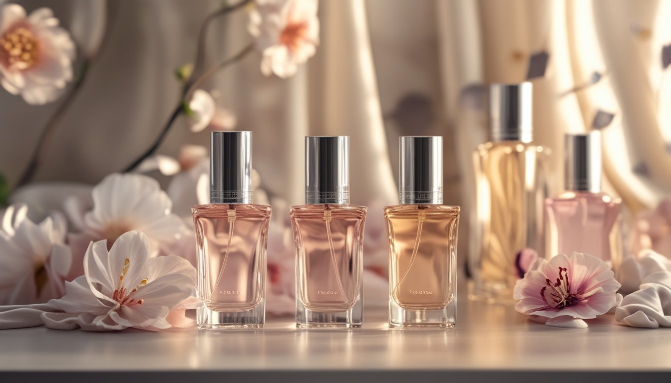 Beberapa botol parfum wanita yang elegan diletakkan di atas permukaan dengan latar belakang bunga dan kain, menunjukkan suasana yang cocok untuk acara formal dan kasual.