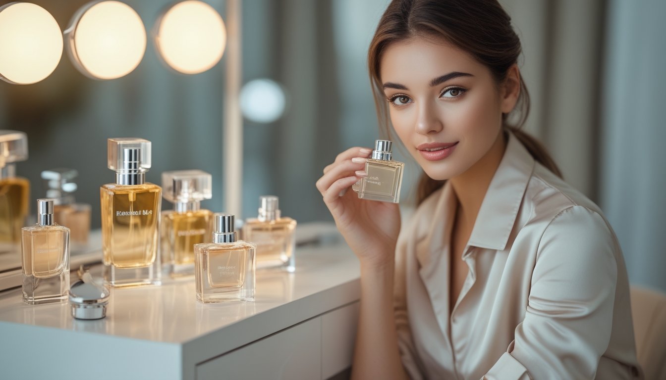 Seorang wanita bergaya sedang berdiri di depan meja rias dengan beberapa botol parfum wanita, dalam suasana yang elegan dan terang.