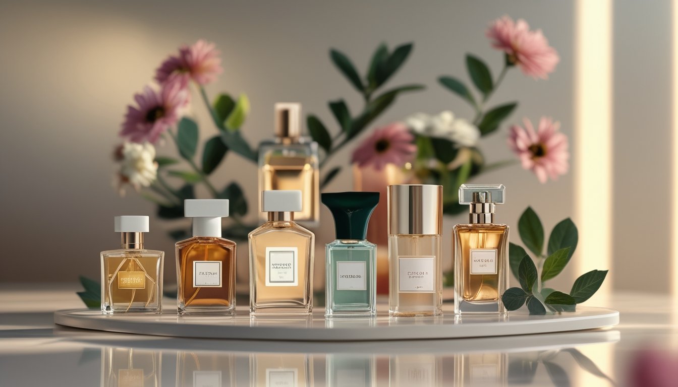 Beberapa botol parfum elegan yang disusun rapi di atas permukaan reflektif dengan bunga dan daun hijau di sekitar, di latar belakang suasana ruangan yang tenang dan hangat.
