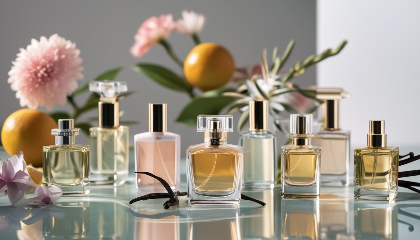 Deretan botol parfum elegan dengan latar belakang minimalis dan elemen aroma seperti bunga, buah sitrus, vanila, dan rempah di sekitar.