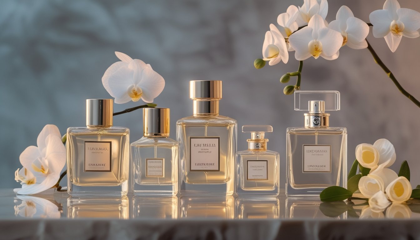 Beberapa botol parfum mewah terbaru tahun ini yang disusun rapi dengan latar belakang netral dan bunga putih di sekitarnya.