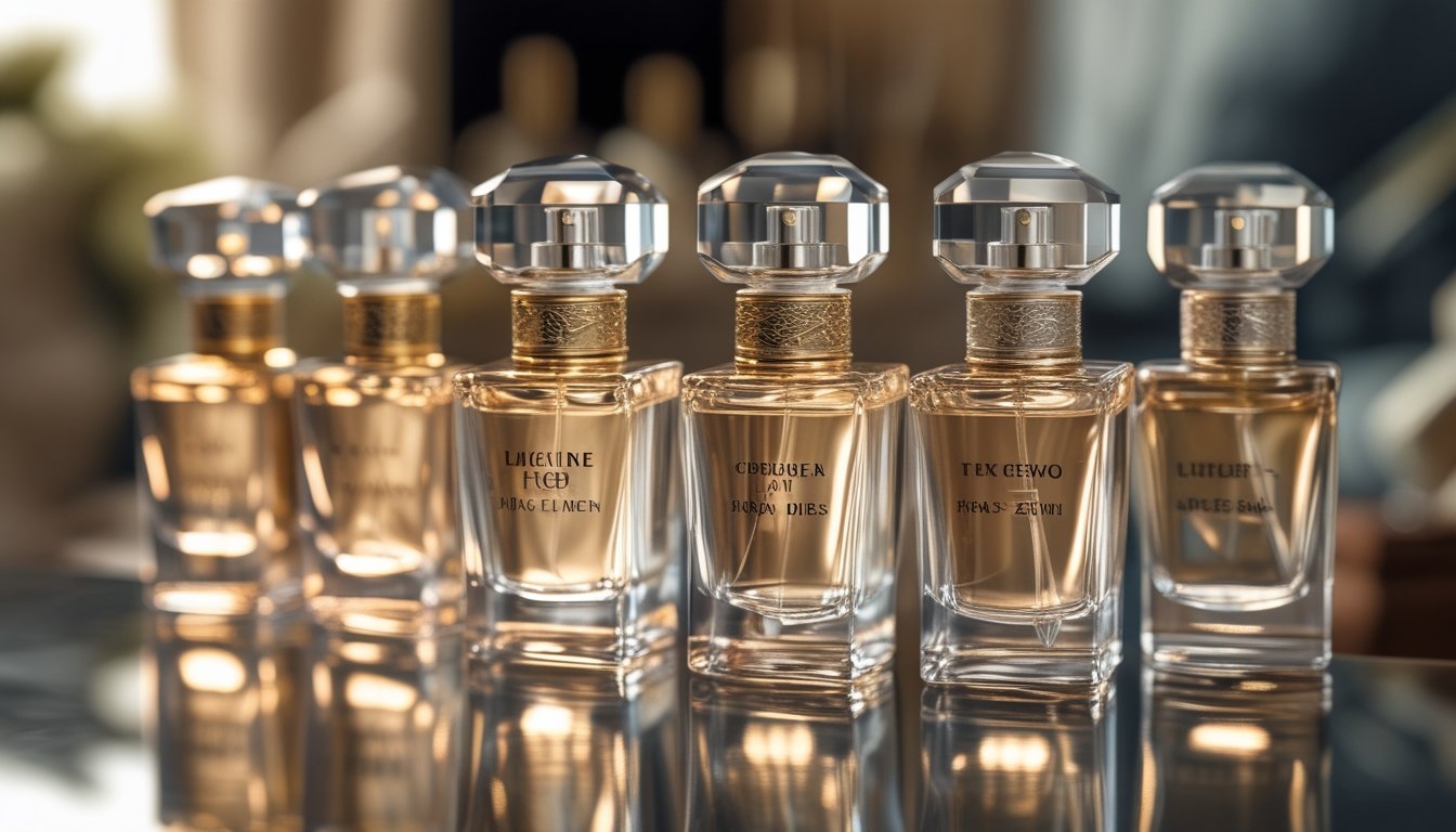 Beberapa botol parfum mewah terbaru tahun ini yang ditata rapi di atas permukaan reflektif dengan latar belakang yang samar.